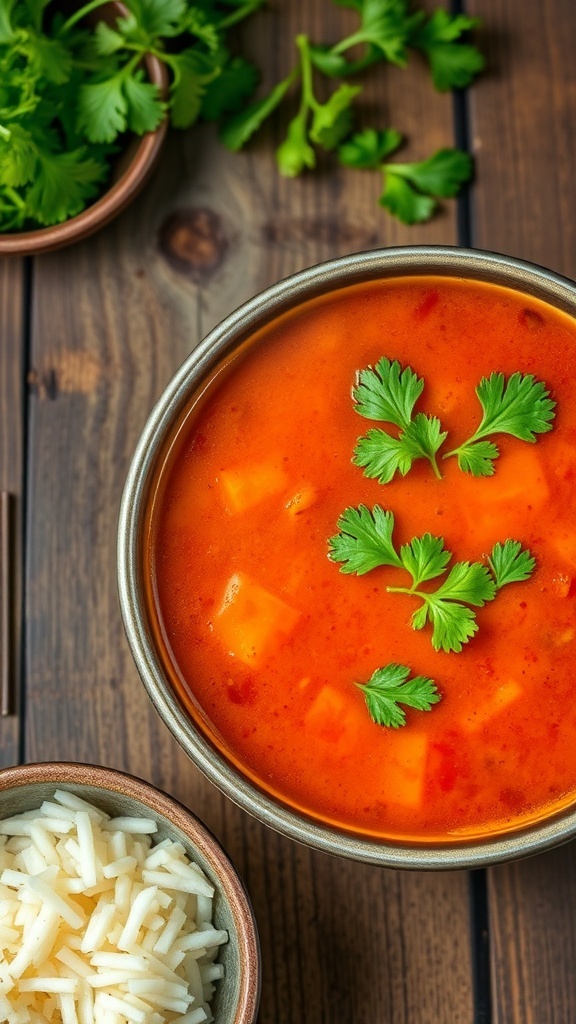 A bowl of spicy tomato rasam garnished with coriander leaves, served with rice on a rustic table.